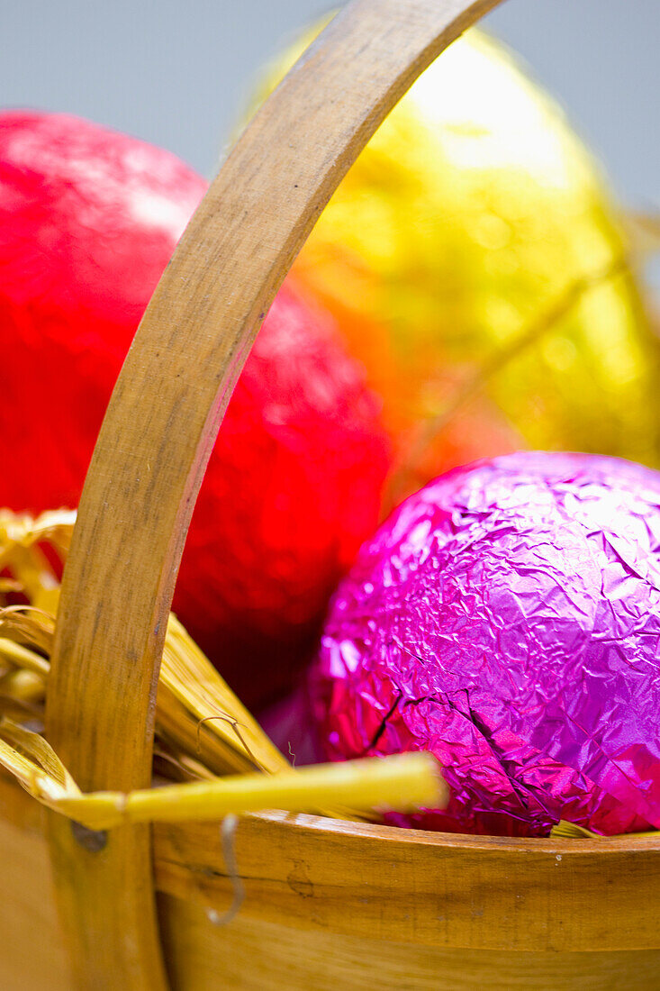 Colorful Easter eggs in a basket