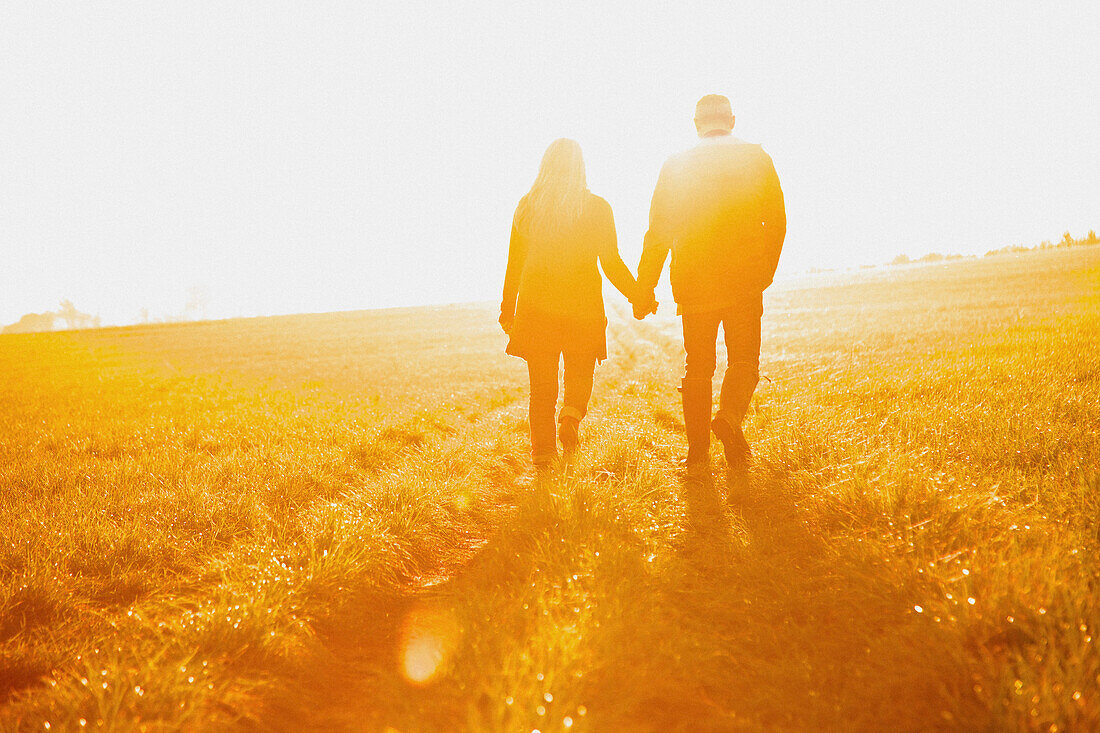 Couple Walking in a Field Holding Hands