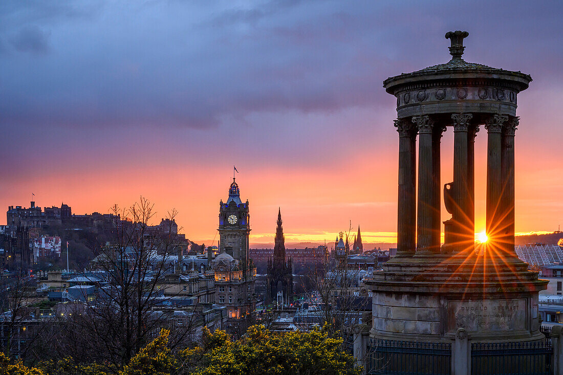 Stewart Monument and the view from Calton Hill in downtown Edinburgh, Scotland.