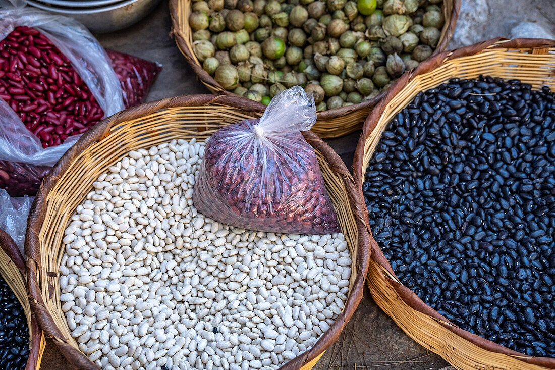 Basic Grains being displayed in a market in Huehuetenango, Guatemala