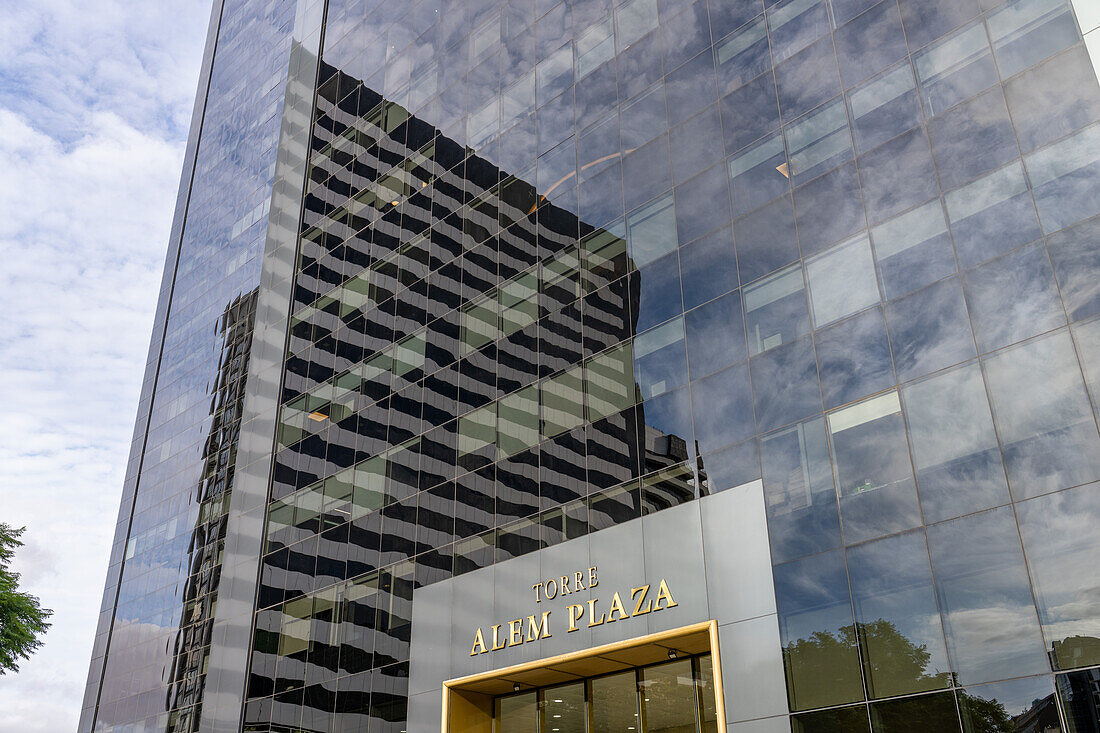 Reflections in the glass of the Torre Alem Plaza office skyscraper in the Retiro district of Buenos Aires, Argentina.