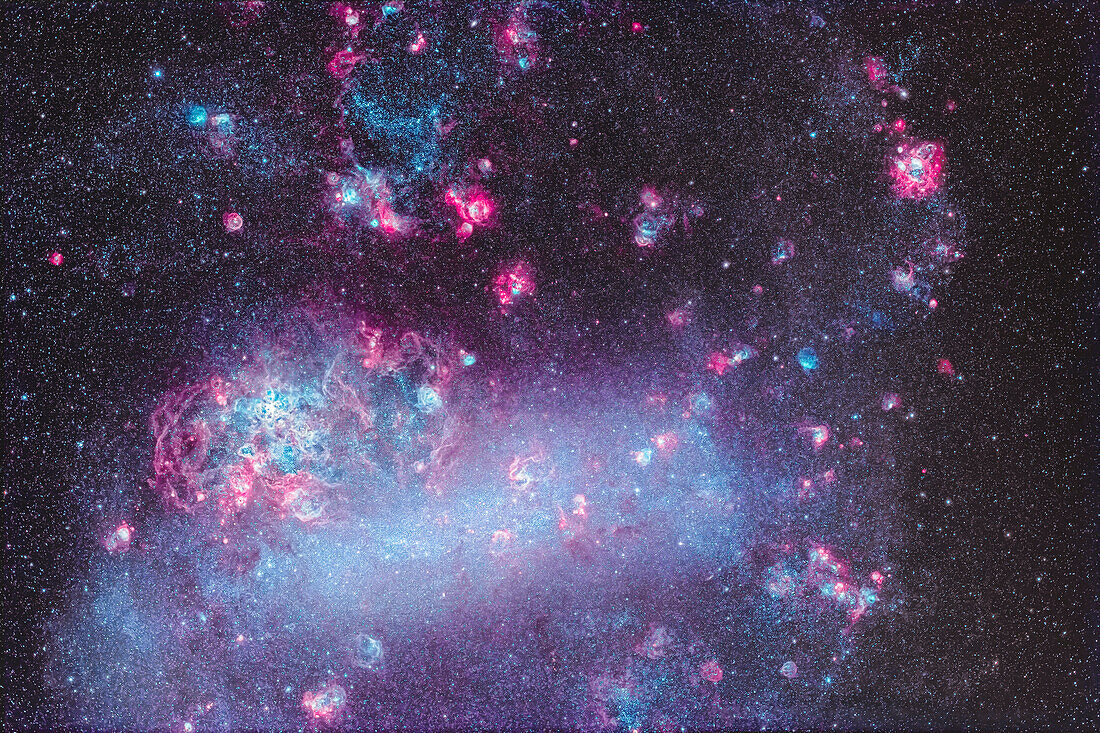 This is the Large Magellanic Cloud, the main Local Group member and a satellite galaxy of our Milky Way, some 160,000 light years away, It is visible only from the southern hemisphere. Nowhere else in the sky do we see such a profuse collection of star-forming nebulas as here in this frame the width typical of binocular fields, about 7.5° by 5º.