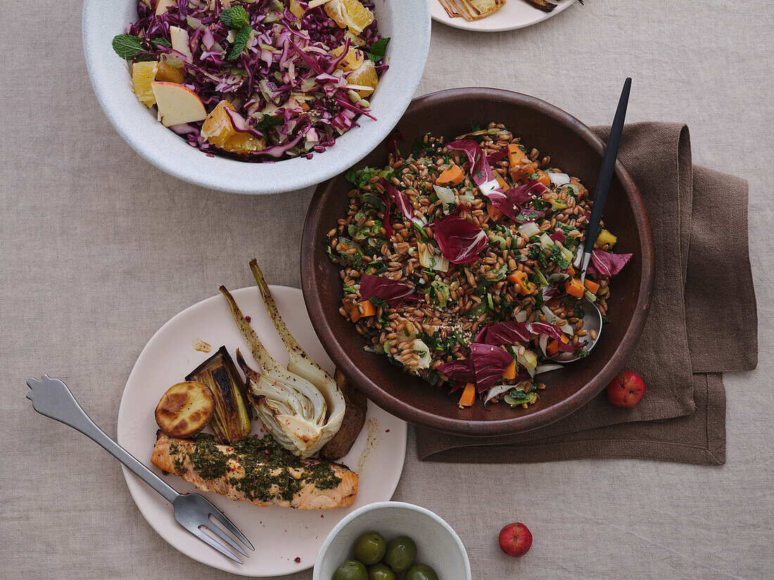 Still life tabletop view healthy Mediterranean meal of spelt salad with radicchio and vegetables