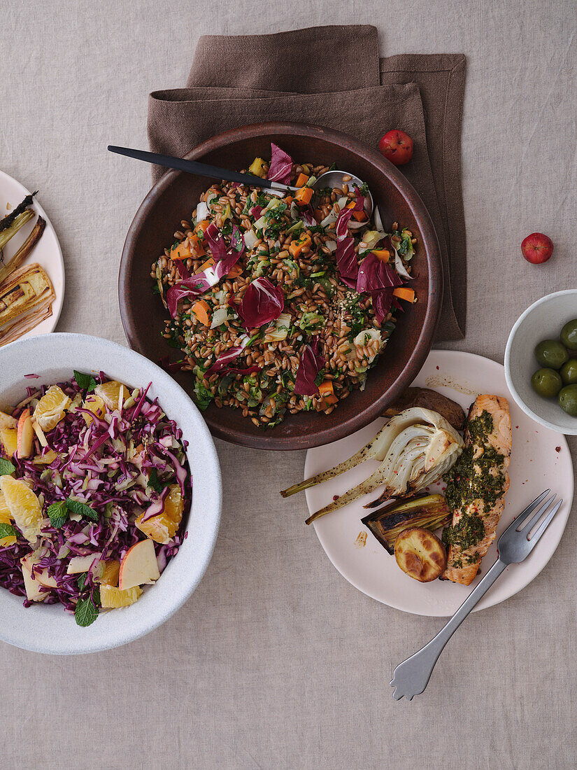 Still life tabletop view from above gourmet, healthy meal of grilled salmon, spelt salad, coleslaw