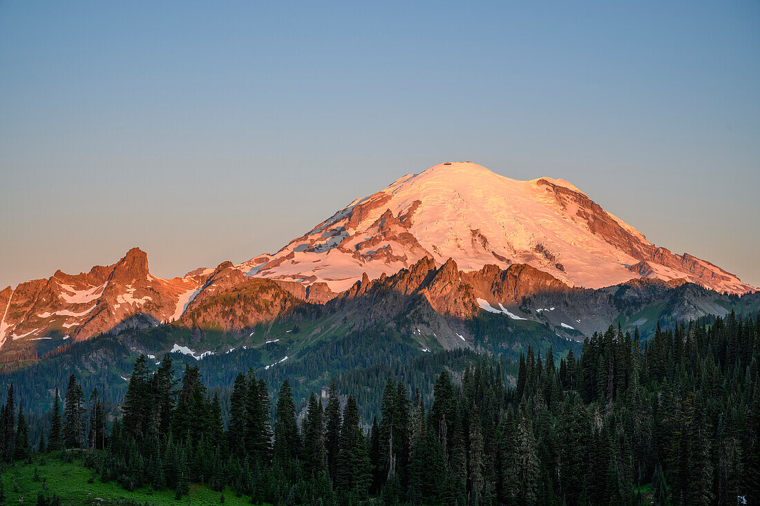 Mount Rainier from Tipsoo Lake at sunrise, Mount Rainier National Park, Washington.