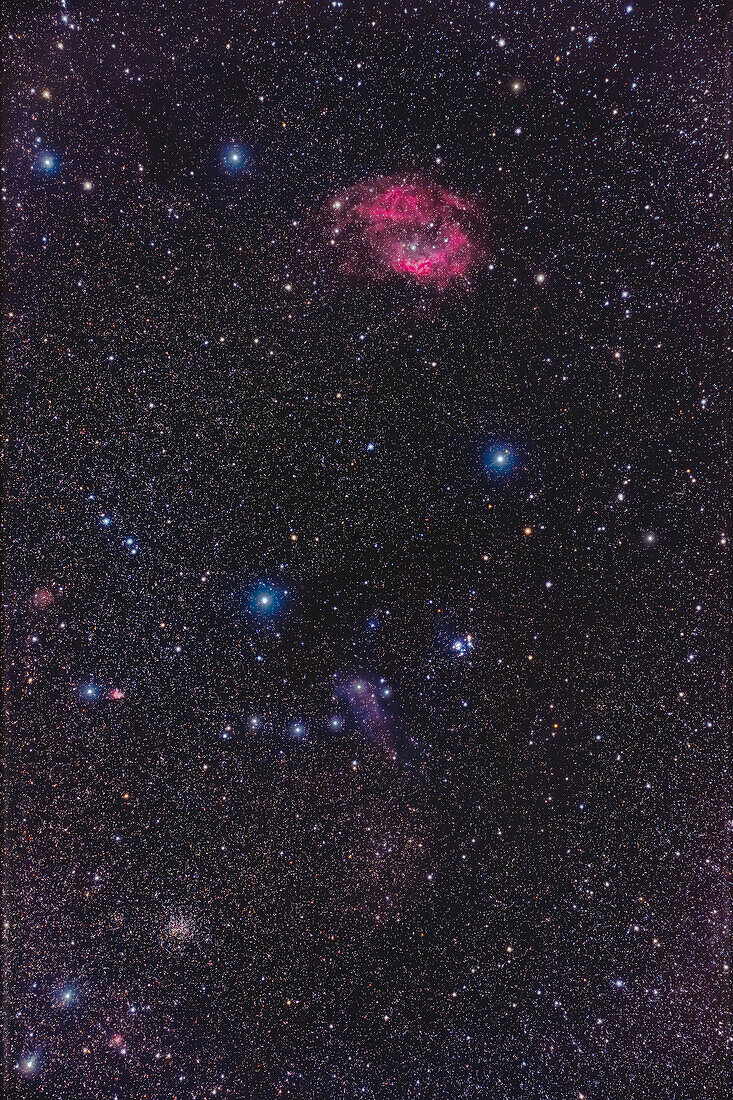 This is a portrait of a field in the "club" of Orion the Hunter, in northern Orion, that contains the emission nebula (at top) catalogued as Sharpless 2-262, or LBN 863, but known popularly as Lower's Nebula for its discovery in 1939 by the father and son team of Harold and Charles Lower. Below it just right of centre is the small, loose star cluster NGC 2169, with its stars arranged in a number 37 or XY pattern. It is sometimes called the Number 37 Cluster. At lower left is the rich star cluster NGC 2194. The small red nebula above NGC 2194 is Sharpless 2-269, with faint Sh2-267 above it. A r