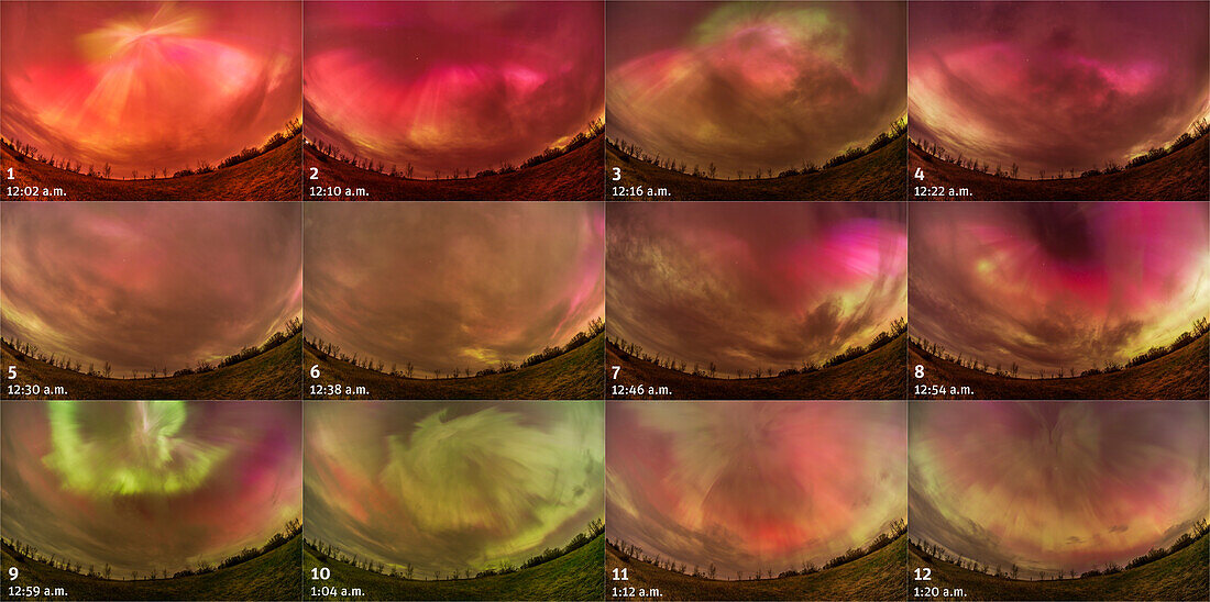 Dies ist eine Serie von Bildern, die die Entwicklung des Polarlichts über einen Zeitraum von etwa 80 Minuten während des großen Sturms am 10. und 11. Mai 2024 zeigt. Bei dieser Version sind die 12 Bilder in drei Reihen zu je vier Bildern angeordnet. (Es gibt auch eine Version, bei der die Bilder vertikal in zwei Sechserreihen angeordnet sind).