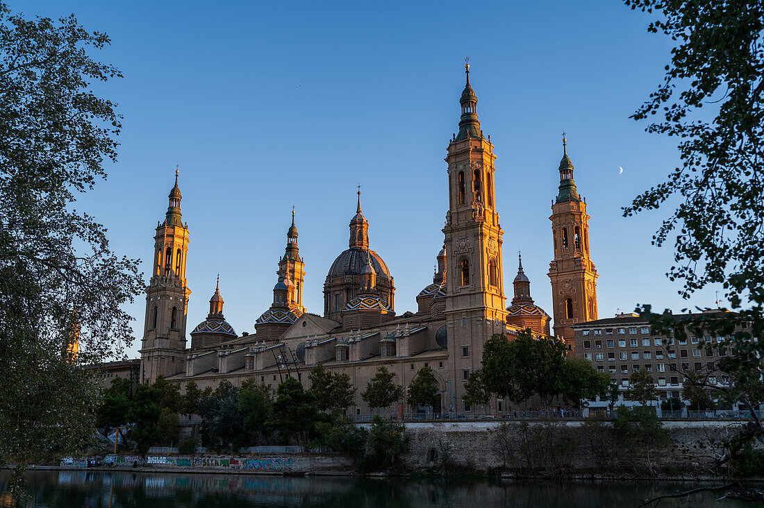 Cathedral-Basilica of Our Lady of the Pillar at sunset, Zaragoza, Spain