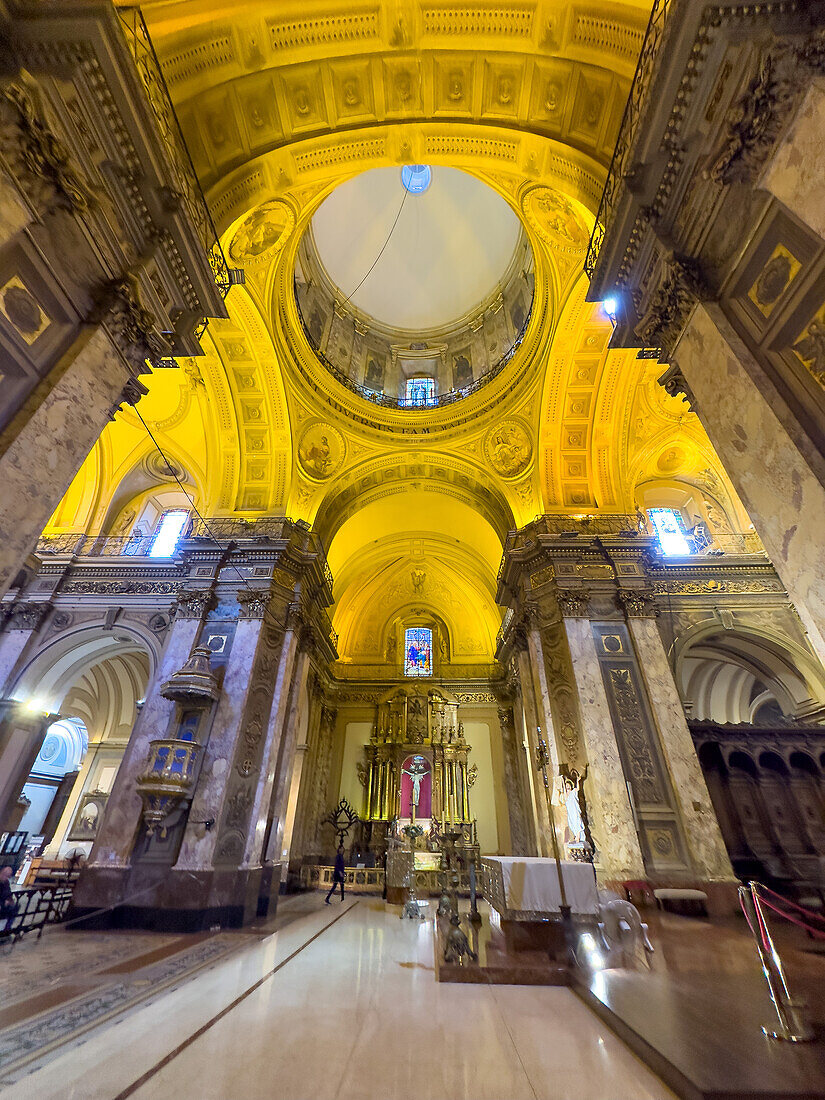 A wide-angle view of the interior of the Metropolitan Cathedral, Buenos Aires, Argentina.