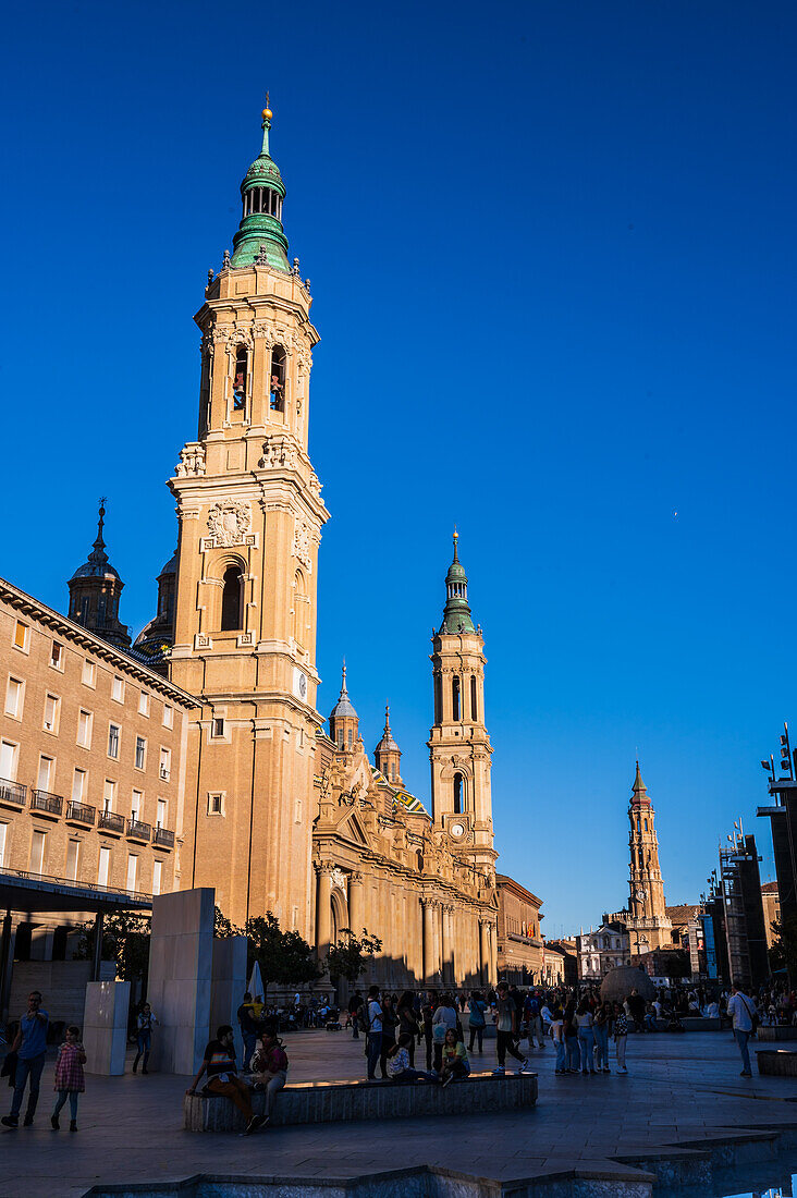 Cathedral-Basilica of Our Lady of the Pillar at sunset, Zaragoza, Spain