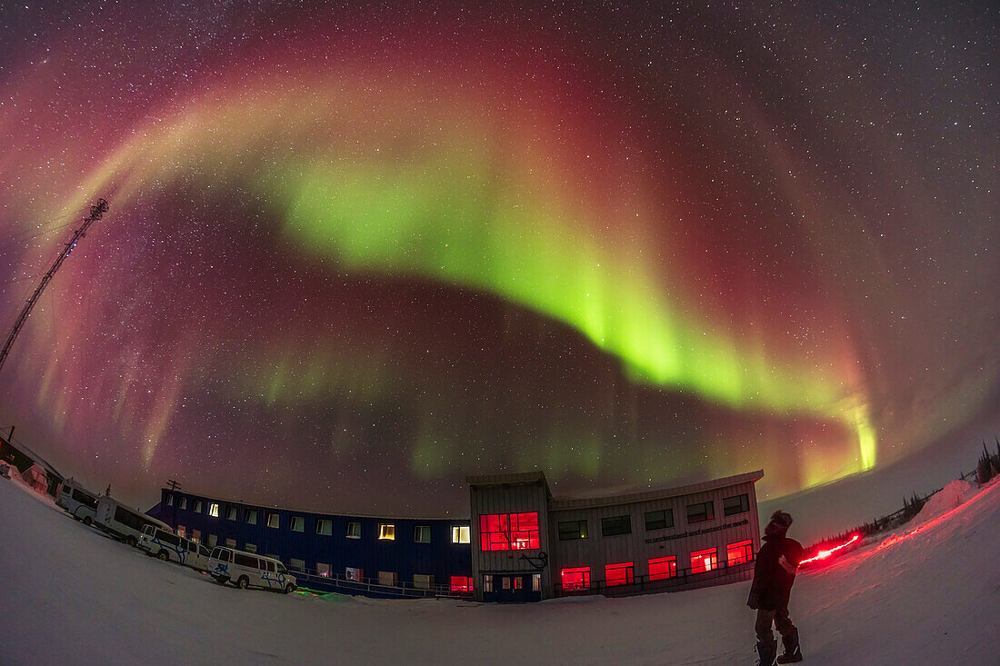 An aurora selfie at the Churchill Northern Studies Centre, on February 10, 2024 with a Kp4-level storm underway.