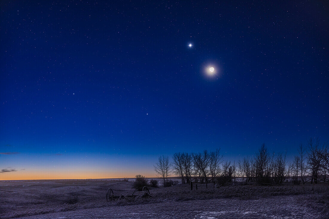 Die abnehmende Mondsichel in einer weiten Konjunktion unter der Venus am Morgenhimmel, über einem verschneiten Feld zu Hause in Süd-Alberta. Der Erdschein beleuchtet die dunkle Seite des Mondes. Dies war am 9. Dezember 2023.