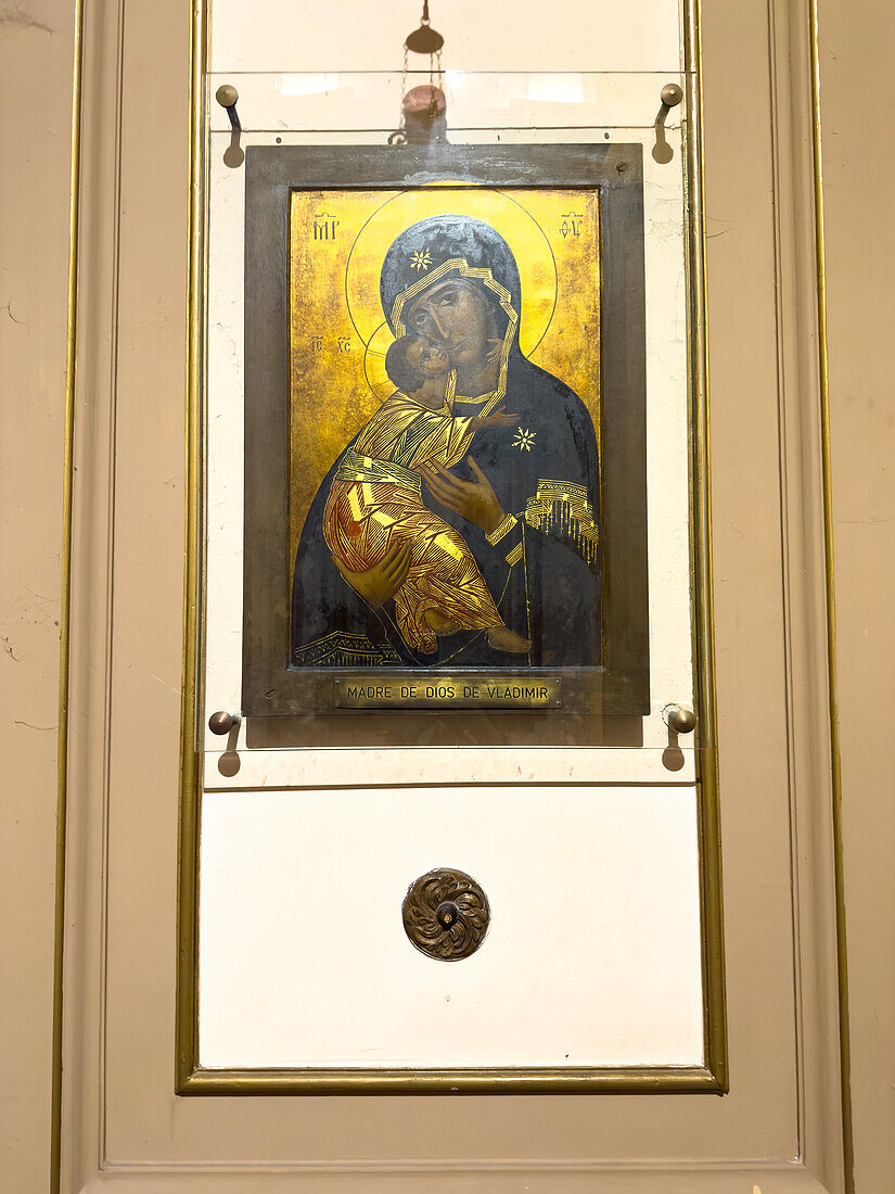 An icon painting of the Virgin of Vladimir in the Metropolitan Cathedral, Buenos Aires, Argentina.