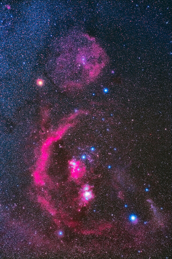 This is a portrait of the constellation of Orion, shot and processed to bring out the rich array of bright and dark nebulas within its boundaries.