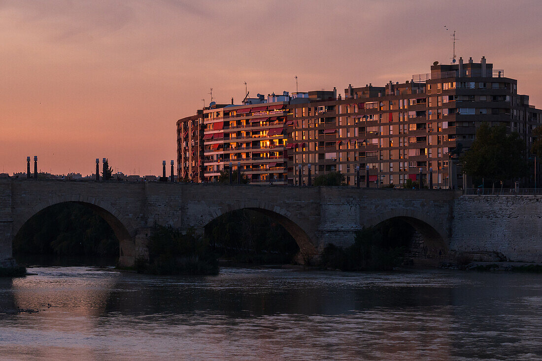 Ebro river at sunset, Zaragoza, Spain