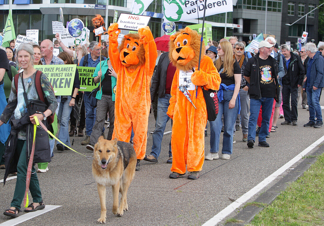 Umweltaktivisten versammeln sich während eines Protestmarsches im Finanzviertel Zuidas am 31. Mai 2024 in Amsterdam, Niederlande. Tausende von Umweltaktivisten und Unterstützern demonstrieren gegen die Lobby der großen Unternehmen, deren Einfluss auf die Politik, die Klima- und Umweltkrise und deren Folgen und fordern eine Bürgerversammlung für eine gerechte Klimapolitik.