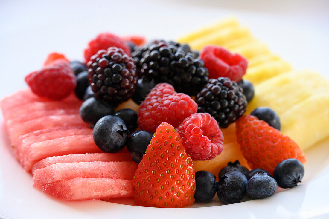 Fresh fruit plate at the Iguana Restaurant of luxury boutique hotel Cass Kimberly in Puerto Vallarta, Mexico.