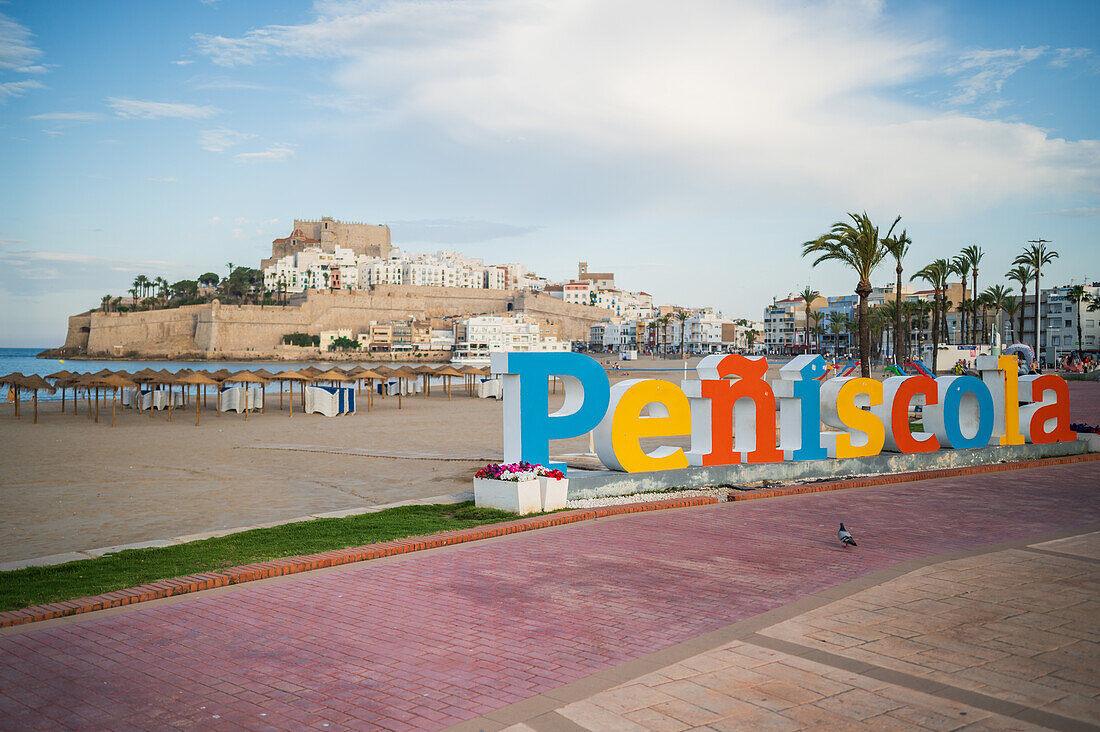 Beach promenade in Peñiscola, Castellon, Valencian Community, Spain