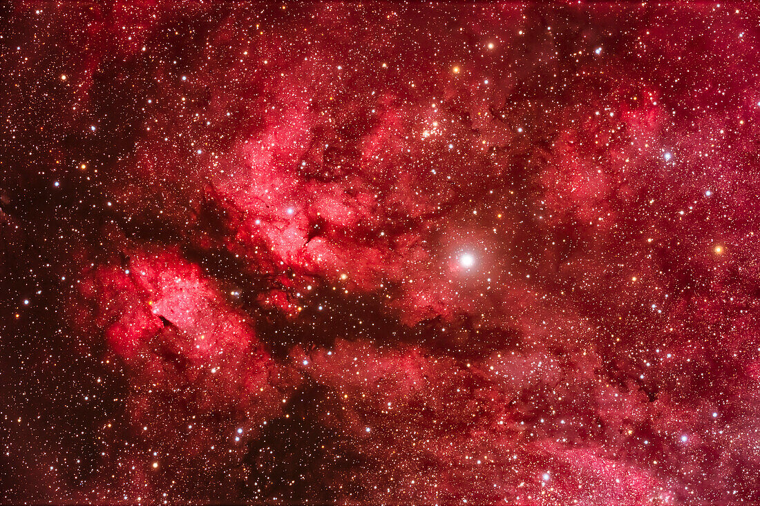 Dies ist der Nebelkomplex um den Stern Gamma Cygni, auch bekannt als Sadr, im zentralen Cygnus, der als IC 1318 oder Schmetterlingsnebel bezeichnet wird. Der Sternhaufen NGC 6910 befindet sich in der Mitte oben. Die dunkle Staubspur, die den Nebel durchschneidet, wird als Lynds Dark Nebula 889 katalogisiert.