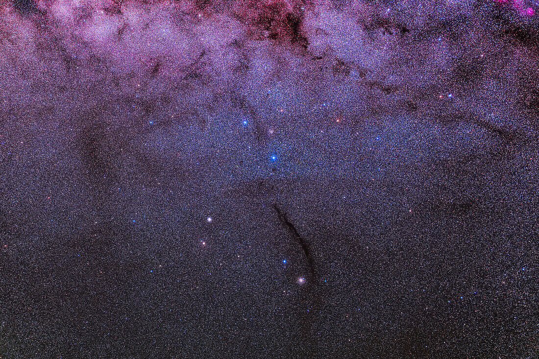 This frames the small constellation of Musca the Fly below the Southern Cross, whose notable feature is the long dark nebula called the Dark Doodad, part of the Musca Dark Nebula Complex.