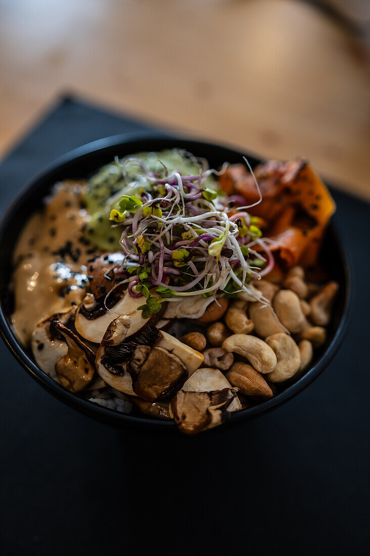 Healthy vegan bowl in restaurant