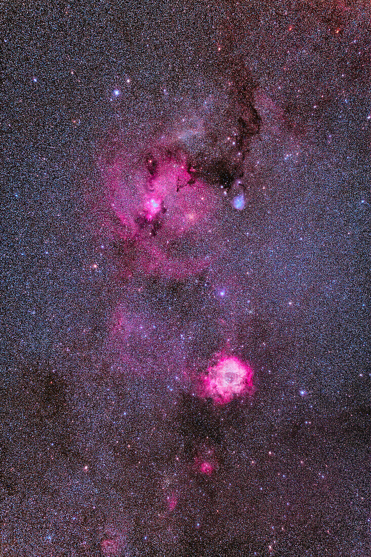 This is the nebula-rich region of Monoceros the Unicorn, containing the bright Rosette Nebula, NGC 2237, below the fainter and larger complex of nebulosity, NGC 2264, which contains the small (on this scale) Cone Nebula.