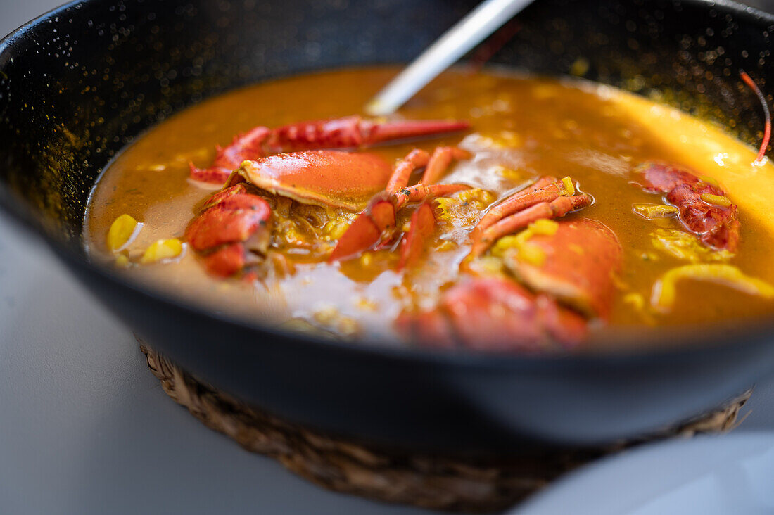 Rice casserole with lobster in restaurant, Peñiscola, Castellon, Valencian Community, Spain