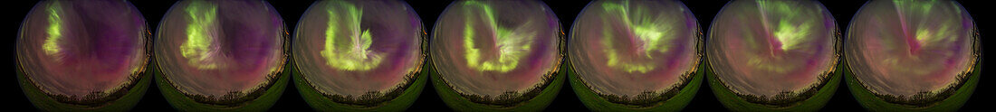 This is a series of images showing a brief outburst of bright and structured aurora at the magnetic zenith overhead during the major storm of May 10/11, 2024. These were with a 7.5mm fish-eye lens taking in most of the sky for 360° scenes, and looking south at bottom. The Kp Index reached a high level of Kp8 (on a scale of 0 to 9) this night, bringing auroras to the southern U.S., a rare occurence.