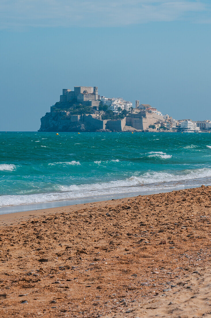 View of Papa Luna castle in Peñiscola from the beach, Castellon, Valencian Community, Spain