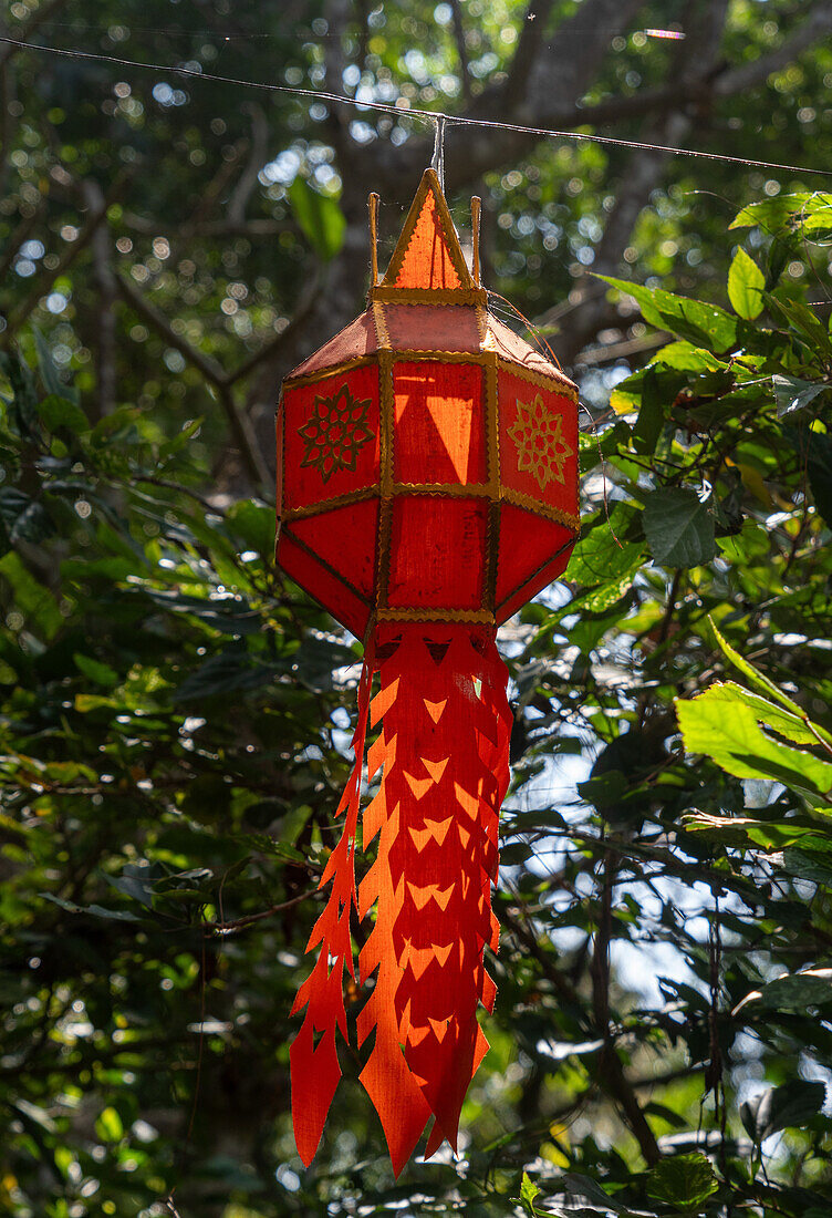 Laternen am Wat Suthep (Wat Phra That Doi Suthep), historischer buddhistischer Tempel, im Wald oberhalb von Chiang Mai, Thailand, Südostasien, Asien