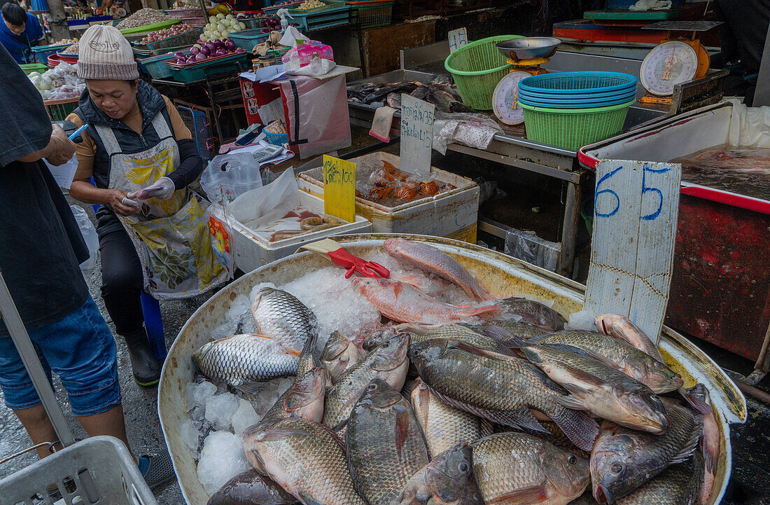 Verkäufer und Kunden auf dem Fisch- und Gemüsemarkt von Kad Luang in Chiang Mai, Thailand, Südostasien, Asien