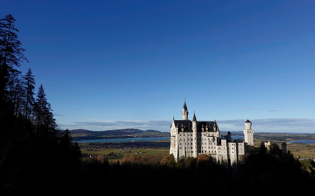 Schloss Neuschwanstein, ein historistisches Schloss aus dem 19. Jahrhundert auf einem zerklüfteten Hügel im Alpenvorland, Schwaben, Südbayern, Deutschland, Europa