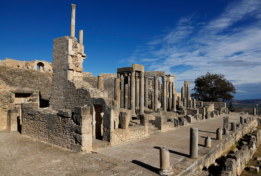 The ruins of the Roman town of Dougga, UNESCO World Heritage Site, valley of Oued Khalled, northwest Tunisia, North Africa, Africa