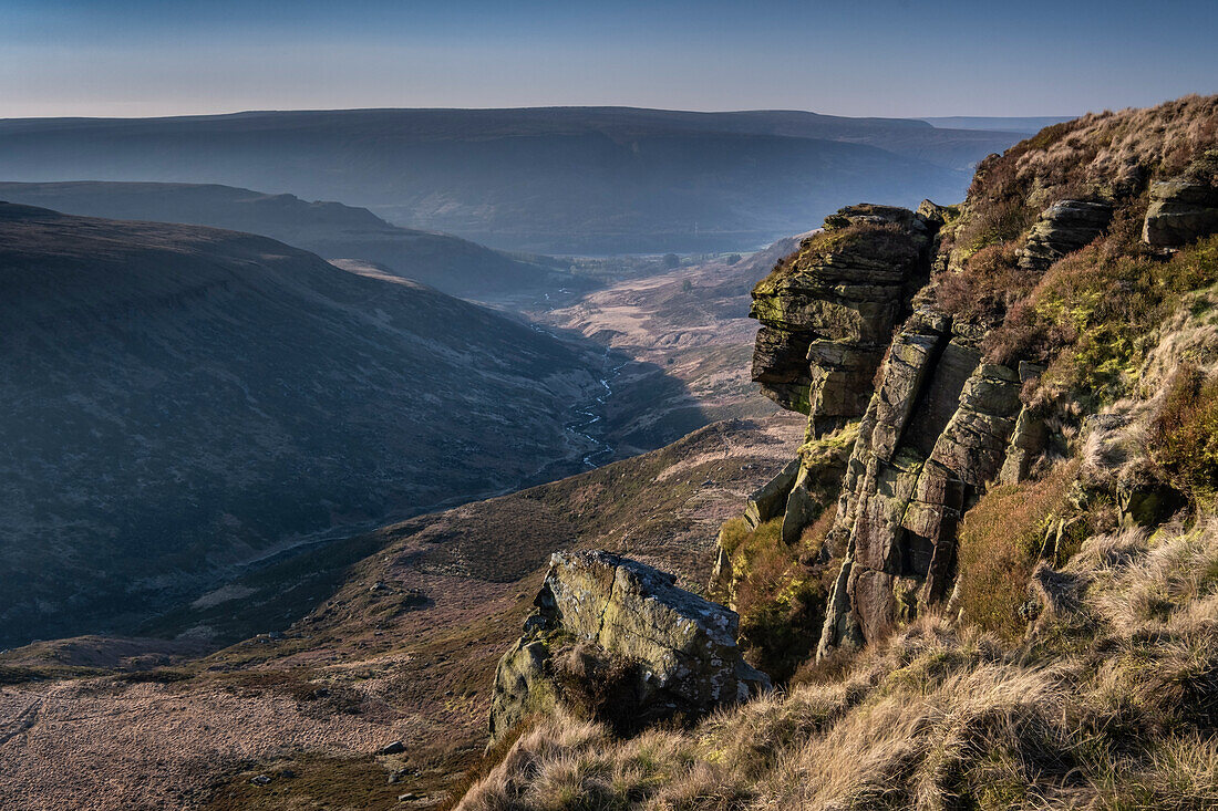 Laddow Rocks on the Pennine Way backed by Crowden Great Brook valley, Peak District National Park, Derbyshire, England, United Kingdom, Europe