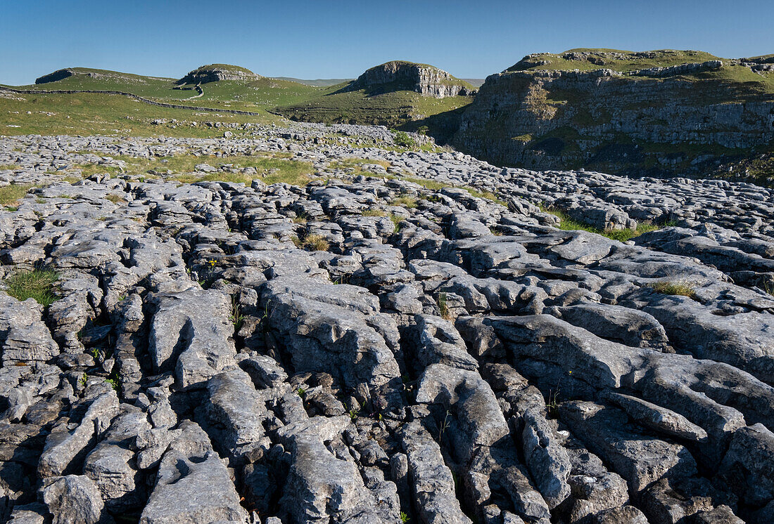 Kalksteinpflaster oberhalb des Watlowes Dry Valley, bei Malham, Yorkshire Dales National Park, Yorkshire, England, Vereinigtes Königreich, Europa