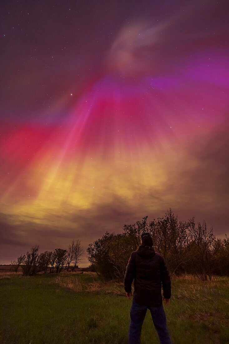 A selfie of me watching the great aurora display of May 10/11, 2024, when the Kp Index reached 8 this night and auroras were seen in the southern U.S. However, this was from home in southern Alberta at latitude 51° N.