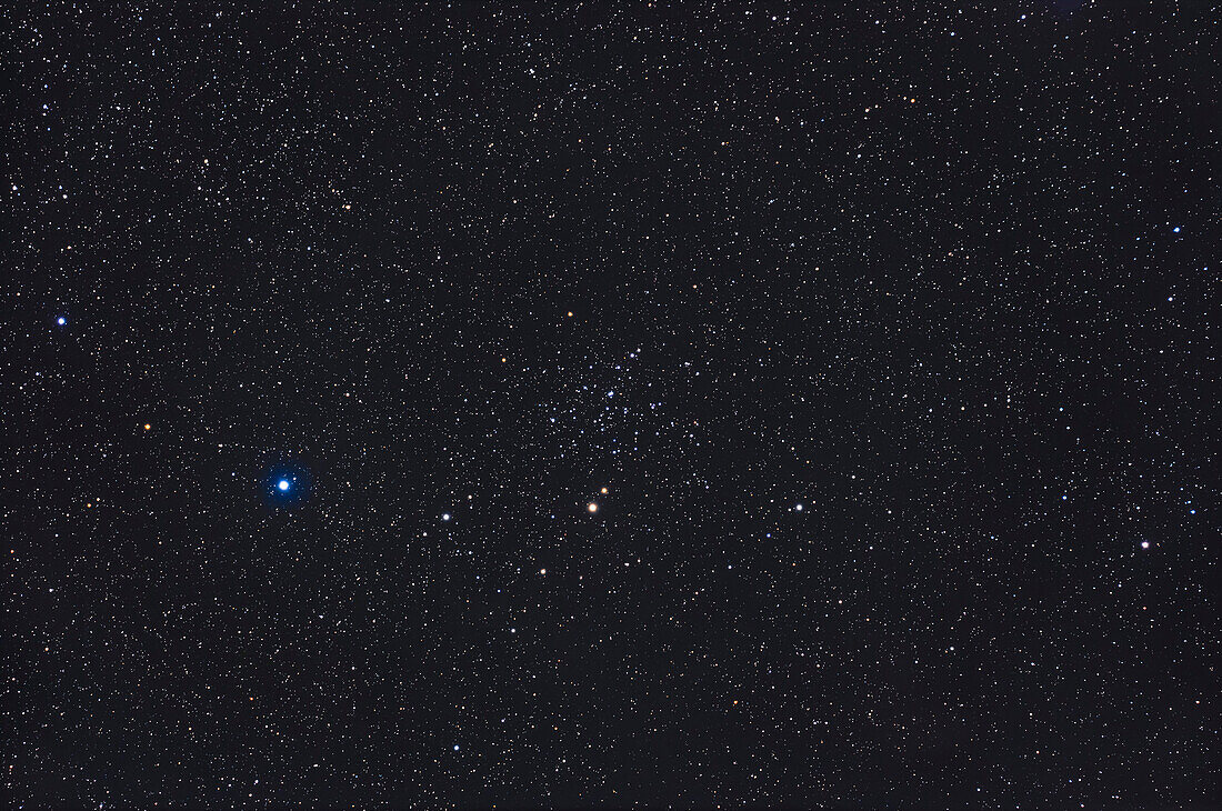 The large loose open star cluster in Taurus near the Hyades, and a good binocular object. A number of small, faint galaxies from the UGC and PGC catalogues are also in the field.