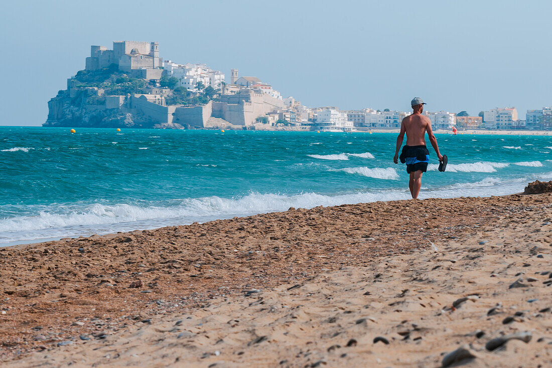 View of Papa Luna castle in Peñiscola from the beach, Castellon, Valencian Community, Spain