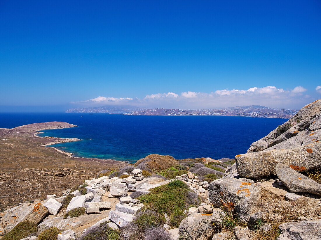 View from Mount Kynthos, Delos Archaeological Site, UNESCO World Heritage Site, Delos Island, Cyclades, Greek Islands, Greece, Europe