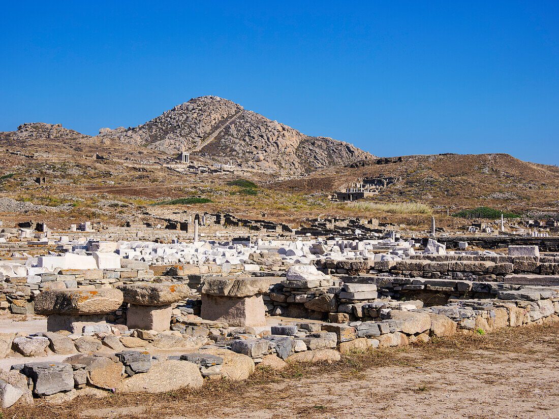 View towards the Mount Kynthos, Delos Archaeological Site, UNESCO World Heritage Site, Delos Island, Cyclades, Greek Islands, Greece, Europe