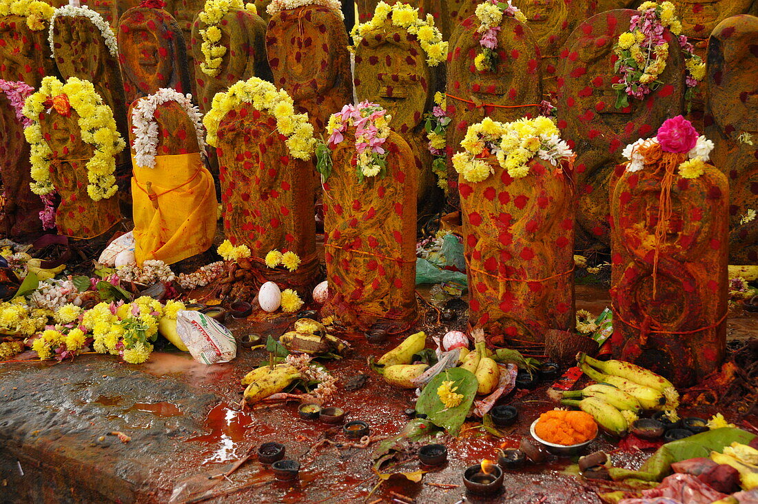 Vishnu shrines with offering placed, Tiruchirappali, Tamil Nadu, India, Asia