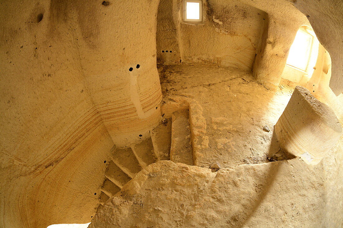 Stairway leading to surface at underground caves, Cappadocia, Anatolia, Turkey, Asia Minor, Asia