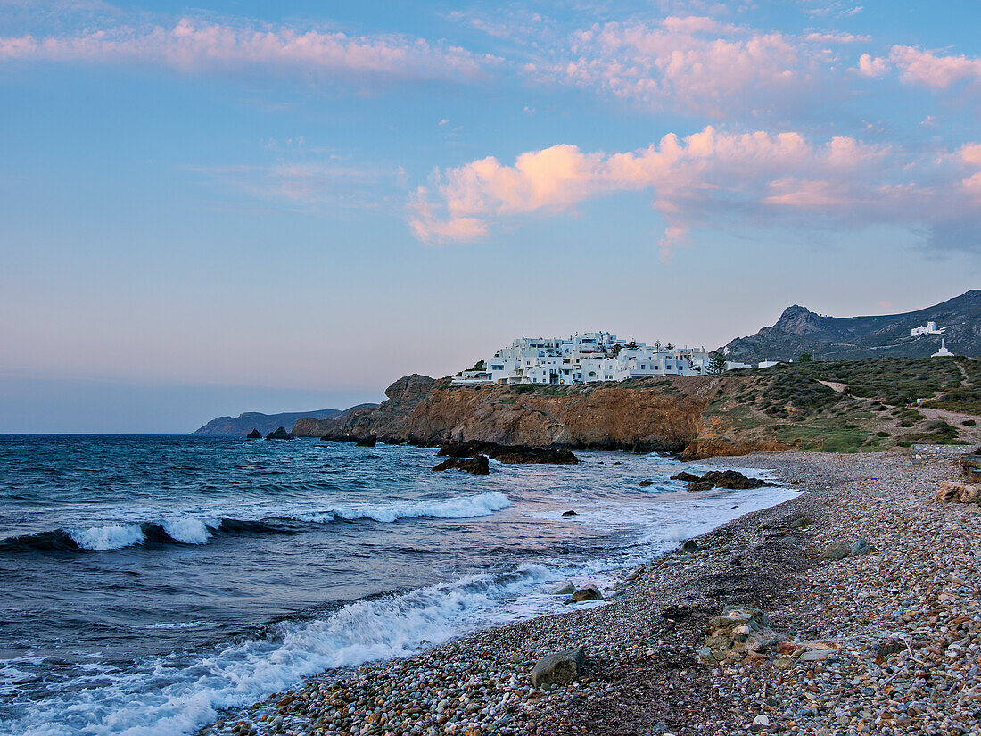 Grotta Beach at dusk, Chora, Naxos City, Naxos Island, Cyclades, Greek Islands, Greece, Europe