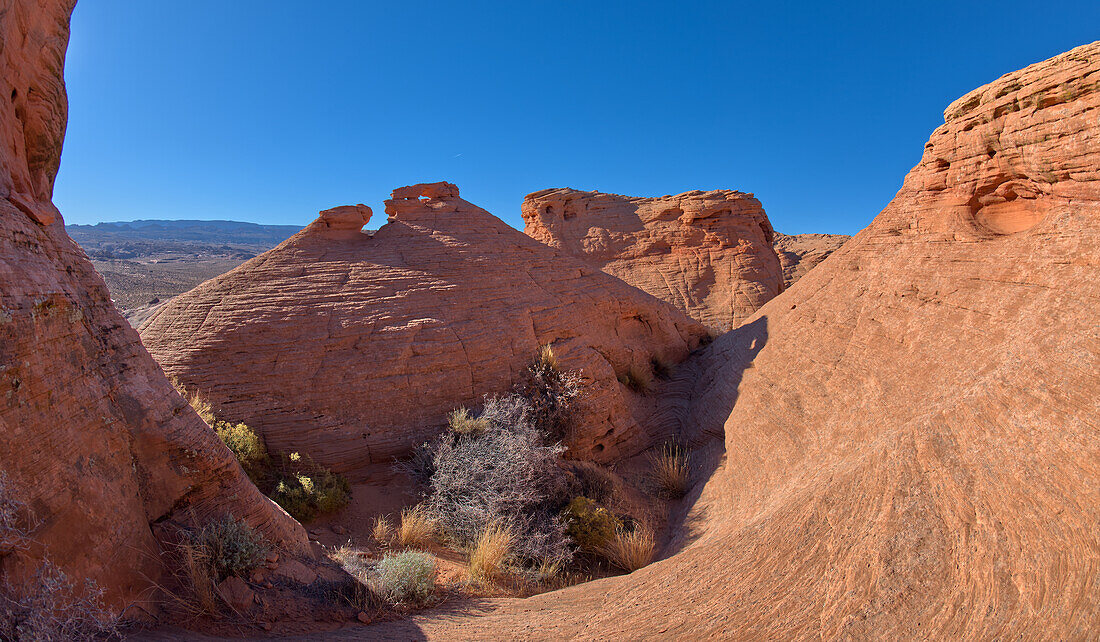 A rock island with a little rock window on its top called the Tea Pot Arch at Ferry Swale in the Glen Canyon Recreation Area near Page, Arizona, United States of America, North America