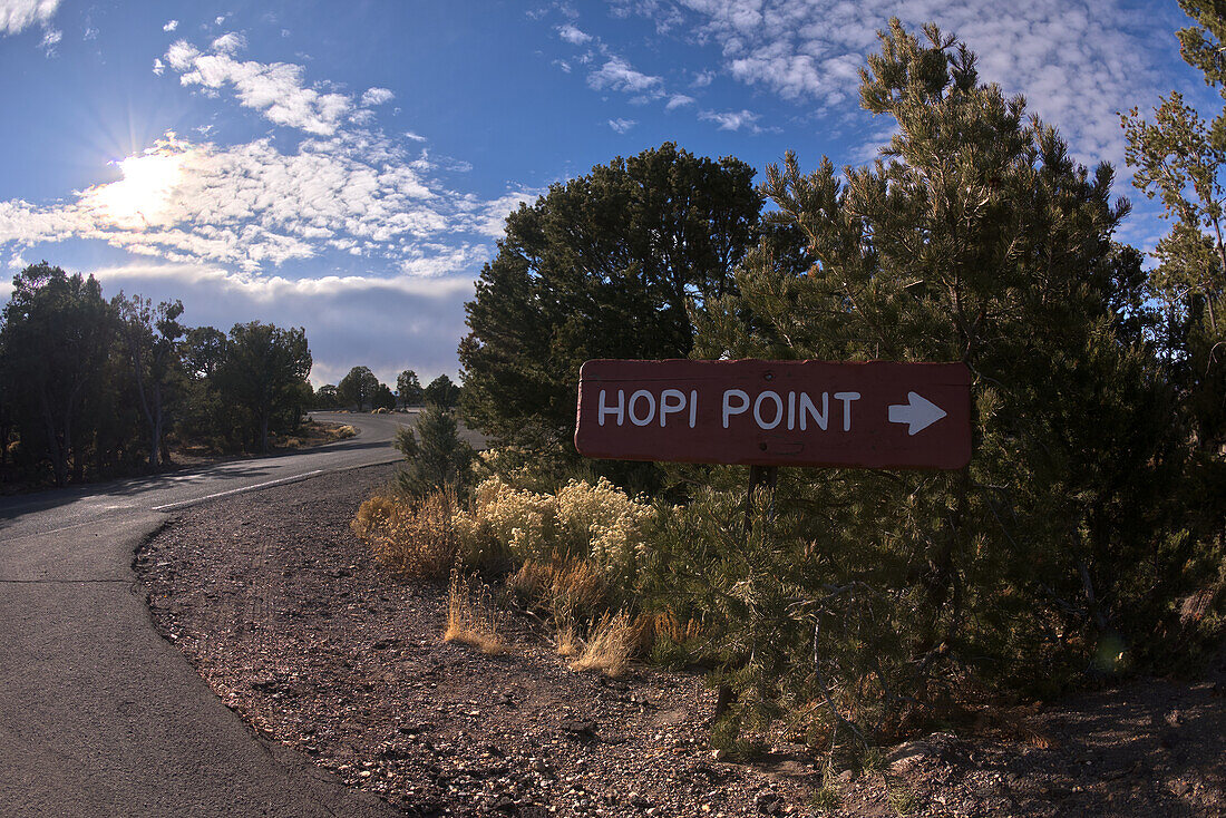 Ein Schild, das den Einweg-Eingang zum Hopi Point von der Hermit Road am Grand Canyon markiert, Arizona, Vereinigte Staaten von Amerika, Nordamerika