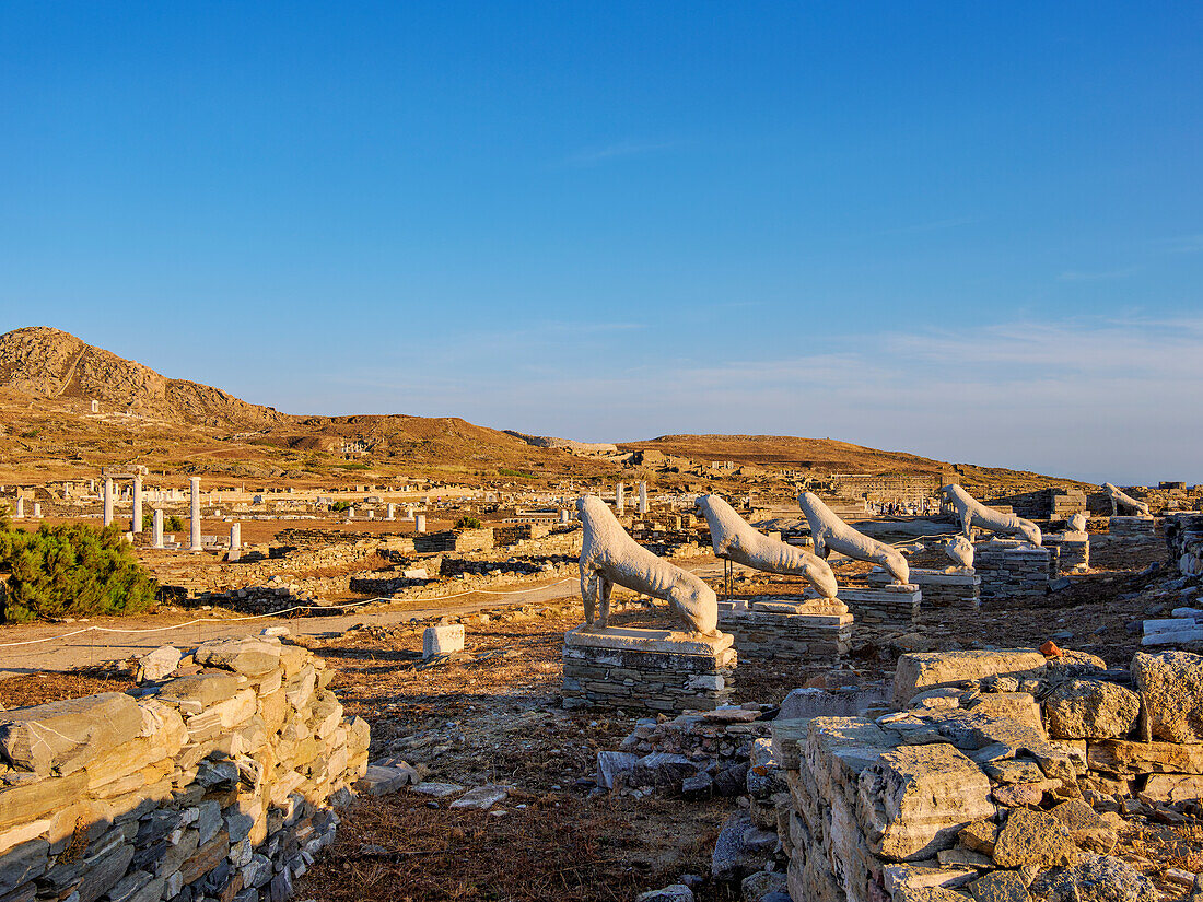 Die Terrasse der Löwen bei Sonnenuntergang, Archäologische Stätte von Delos, UNESCO-Welterbe, Insel Delos, Kykladen, Griechische Inseln, Griechenland, Europa