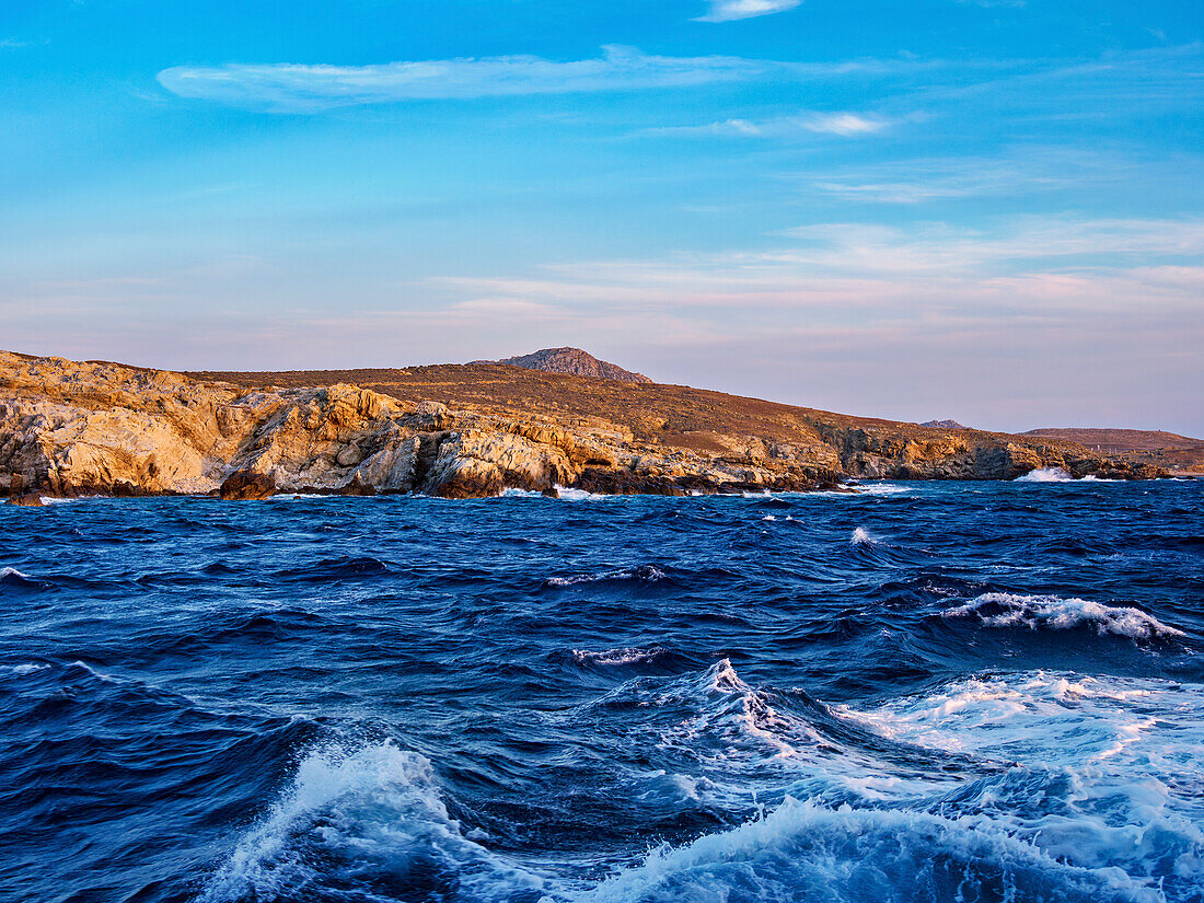 Küste der Insel Delos bei Sonnenuntergang, Kykladen, Griechische Inseln, Griechenland, Europa