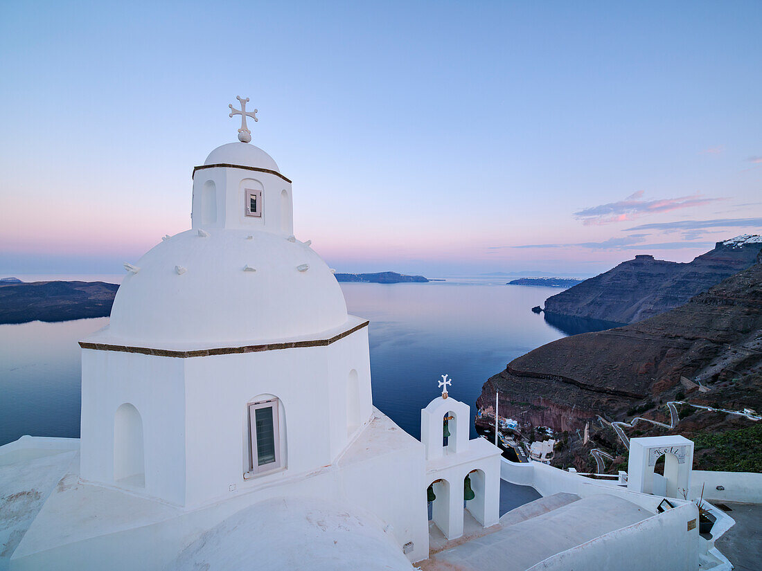 Church of Agios Minas at dawn, Fira, Santorini (Thira) Island, Cyclades, Greek Islands, Greece, Europe