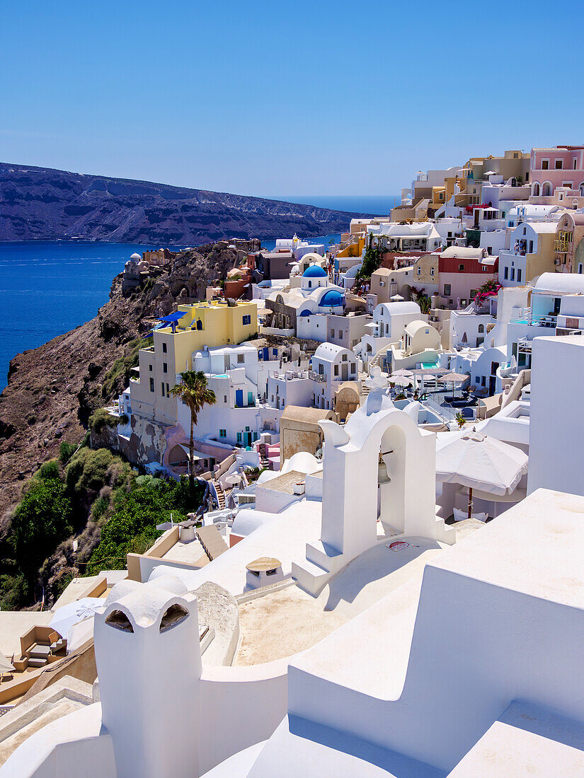 View towards the castle, Oia Village, Santorini (Thira) Island, Cyclades, Greek Islands, Greece, Europe