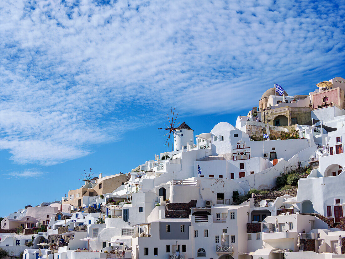 Blick auf die Windmühlen, Dorf Oia, Insel Santorin (Thira), Kykladen, Griechische Inseln, Griechenland, Europa